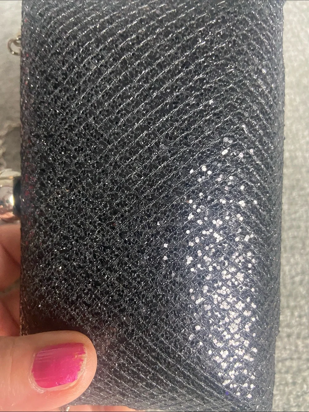 Black Glitter Evening Clutch with Silver Chain